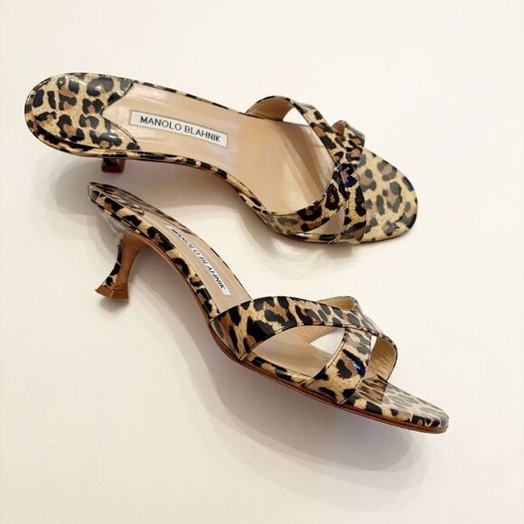 Manolo Blahnik Shoes - Manolo Blahnik Leopard Print Sandal patent Leather Kitten Heels 38.5 Italy